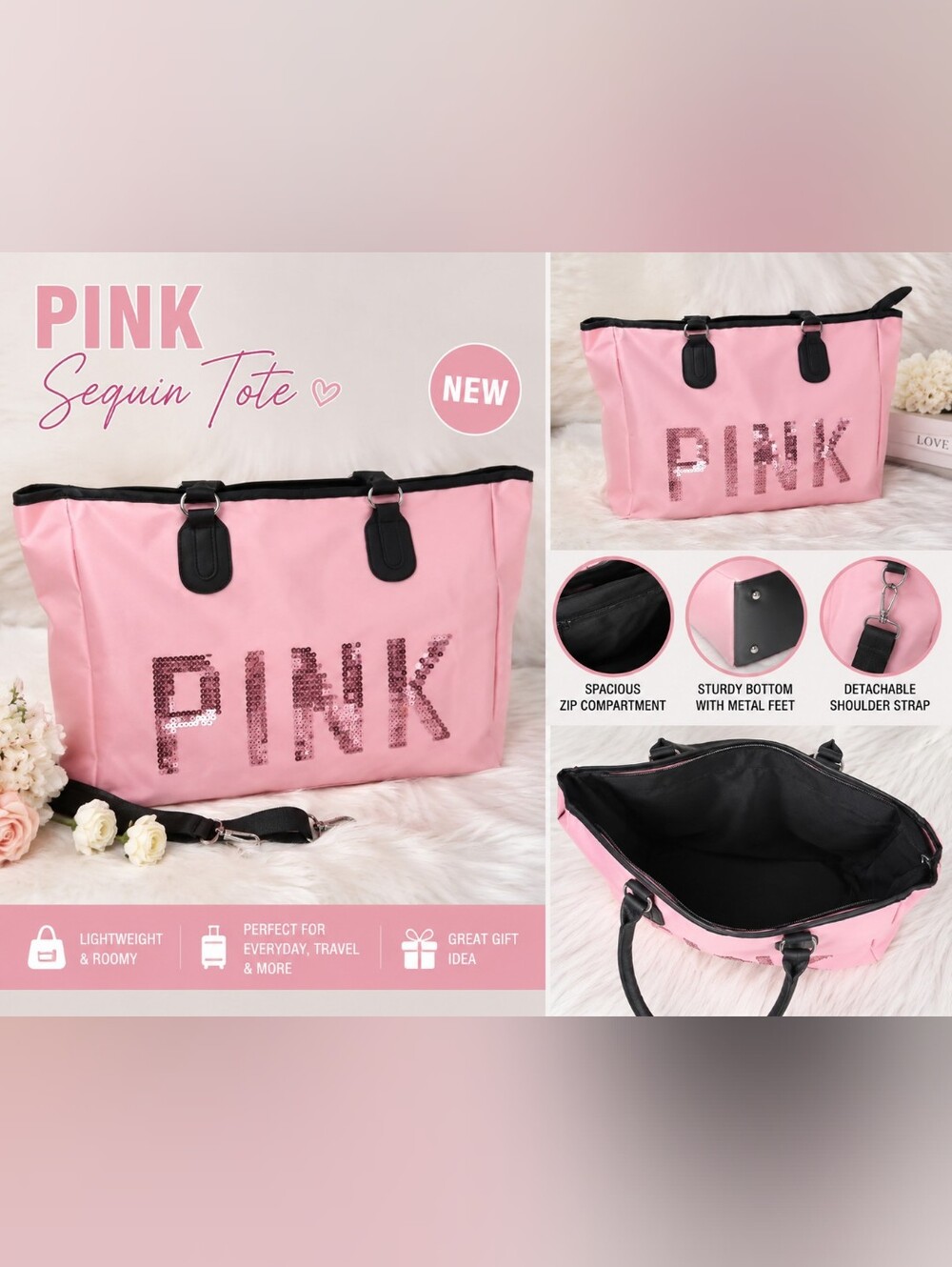 NEW Pink Sequin Tote Bag / Large Shoulder Bag Sparkle PINK